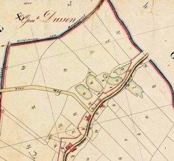 Kadasterkaart uit 1820 van de situatie aan de kruising Veerweg-Rommegatsedijk